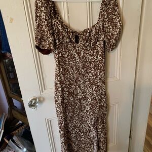 Bershka Brown and Cream Floral Midi Dress